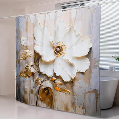Elegant Floral Shower Curtain, Modern Minimalist White Flower and Gold Accents on Taupe Fabric Bathroom Decor, Waterproof & Washable Shower Curtain Set with Hooks, 72x72 Inch
