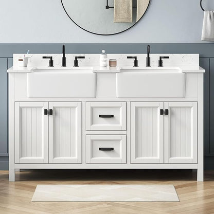 60 Inch Bathroom Vanity with Double Sink, Solid Wooden Frame Bathroom Storage Cabinet, Modern Bathroom Vanities Set Bathroom Cabinet with Soft Closing Doors & Drawers-White
