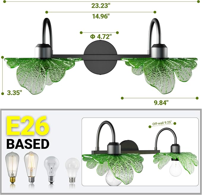 2 Light Vintage Wall Sconces with Glass Shades,Vanity Light,Bathroom Light,Wall Lighting Fixture for Mirror,Home Decor Art Wall Light (Black+Green, 2-Lights)