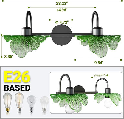 2 Light Vintage Wall Sconces with Glass Shades,Vanity Light,Bathroom Light,Wall Lighting Fixture for Mirror,Home Decor Art Wall Light (Black+Green, 2-Lights)