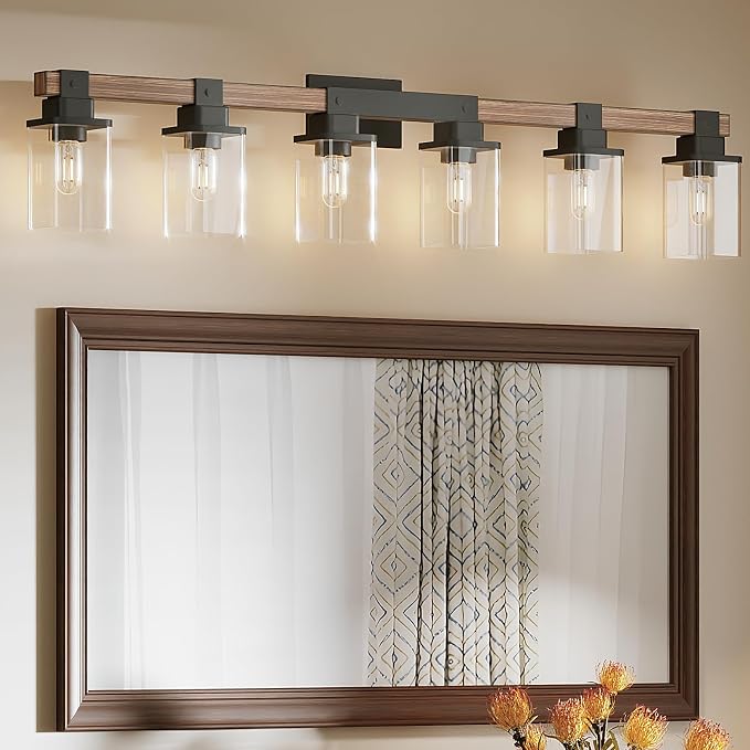 6 Light Bathroom Vanity Light 41 in with Glass Shade, Farmhouse Vanity Light for Bathroom Light fixtures Over Mirror, Square Rustic Brown