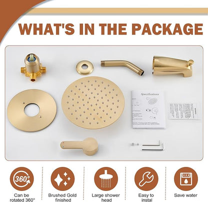 Tub Shower Faucet, Brushed Gold Shower Faucet Set with 8-Inch All-Metal Rainfall Showerhead and Bathtub Spout, Single-Handle Tub Shower-Trim Kit Included Valve, Brushed Gold