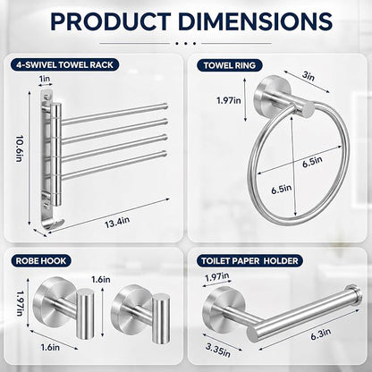 LemonRoad 5 Pcs Bathroom Hardware Set, Stainless Steel Wall Mounted Bathroom Towel Rack and Ring, 13.8" Swivel Towel Rack, Toilet Paper Holder, Robe Hooks, Space-Saving, for Modern Bath