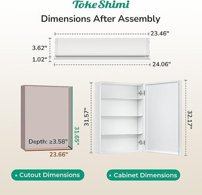 TokeShimi 24 x 32 White Recessed Medicine Cabinet with Mirror, Assembly Required, Bathroom Medicine Cabinet with Mirror, Stepless Adjustable Shelves, Beveled Aluminum Frame, DTC Hinge