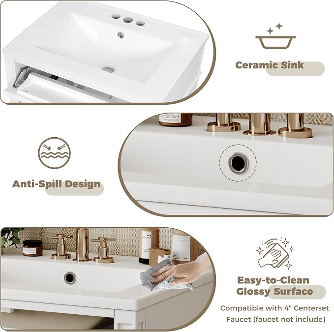 Merax 24 Inch Bathroom Vanity with Ceramic Sink, Solid Wood Frame Modern Bathroom Sink Storage Cabinet with 2 Drawers and a Tip-Out Drawer, Single Sink Bathroom Vanities, White