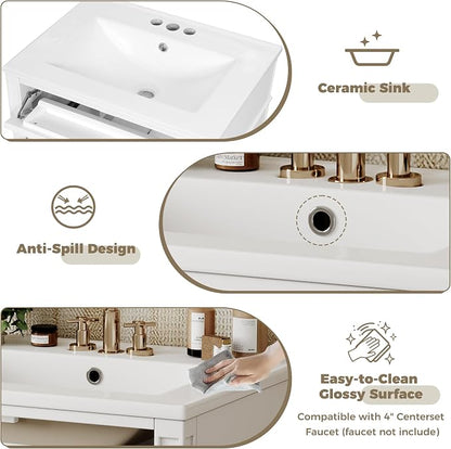 Merax 24 Inch Bathroom Vanity with Ceramic Sink, Solid Wood Frame Modern Bathroom Sink Storage Cabinet with 2 Drawers and a Tip-Out Drawer, Single Sink Bathroom Vanities, White