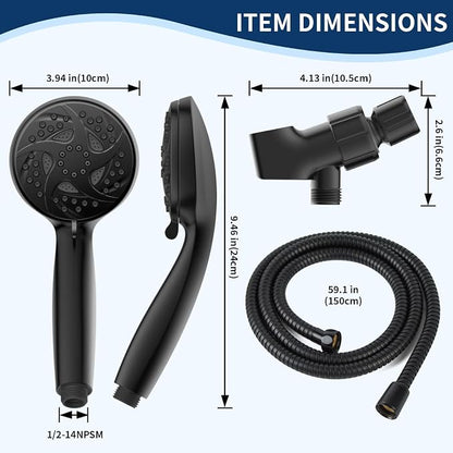 6-Mode Shower Head with Handheld, High Pressure Handheld Showerhead, Black | 3.94 Inch Handheld Spray with 59 Inch Stainless Steel Hose and Adjustable Shower Holder, Tool-free Installation