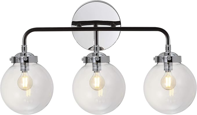 JONATHAN Y 22" Chrome/Black 3-Light LED Wall Sconce Vanity Lighting, Clear Glass Globe Shade Modern Contemporary Sconce for Bathroom Mirror, Hallway, UL Listed (JYL9058A)