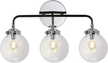 JONATHAN Y 22" Chrome/Black 3-Light LED Wall Sconce Vanity Lighting, Clear Glass Globe Shade Modern Contemporary Sconce for Bathroom Mirror, Hallway, UL Listed (JYL9058A)