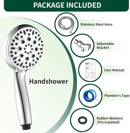 Handheld Shower Head, 6 Spray Modes High Pressure Showerhead, Chrome Finish | 59 Inch Stainless Steel Hose & Adjustable Shower Bracket, Anti-clog Nozzles, Easy Installation