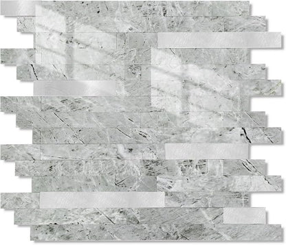 Yipscazo 5 Sheets Peel and Stick Stone Metal Tile Backsplash, Stick on Tiles for Backsplash Kitchen, Bathroom, Laundry Room, Camper, Fireplace (12'' X 12'', Polished Gray)
