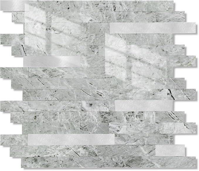 Yipscazo 10 Sheets Peel and Stick Stone Metal Tile Backsplash, Stick on Tiles for Backsplash Kitchen, Bathroom, Laundry Room, Camper, Fireplace (12'' X 12'', Polished Gray)