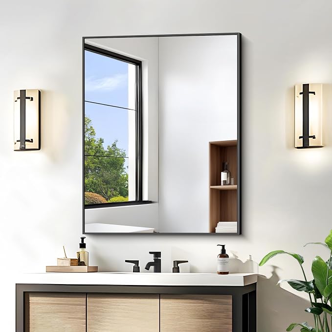 KOCUUY Black Mirror, 24x30 Inch Rectangle Bathroom Mirror for Over Sink, HD Tempered Glass, Anti-Rust Frame, Modern Design for Bathroom, Bedroom, Living Room, Entryway, Hang Horizontal/Vertical