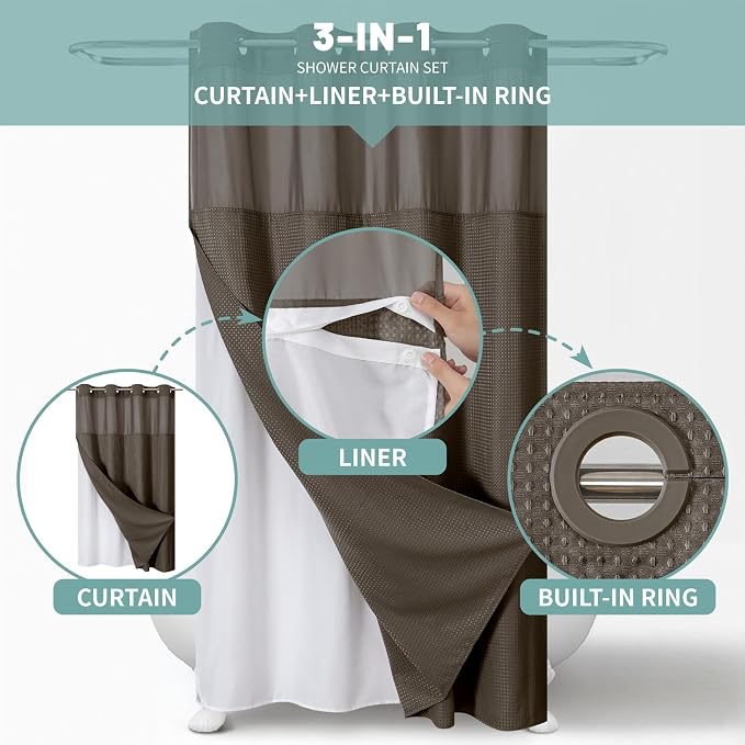 eachope No Hook Waffle Shower Curtain with Snap-in Liner, 54x80 Inch, Brown | 230GSM waffle weave fabric, waterproof liner set with 2 bottom magnets, mesh window, washable, for shower stalls or bathrooms