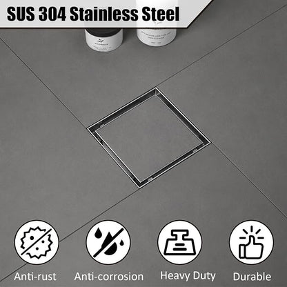 Tile-in Square Shower Drain 6 Inch with Hair Strainer, Brushed | SUS 304 Stainless Steel, Removable Grate & Hair Strainer Design, for Bathroom, Kitchen, Balcony, Garage, Basement, Toilet