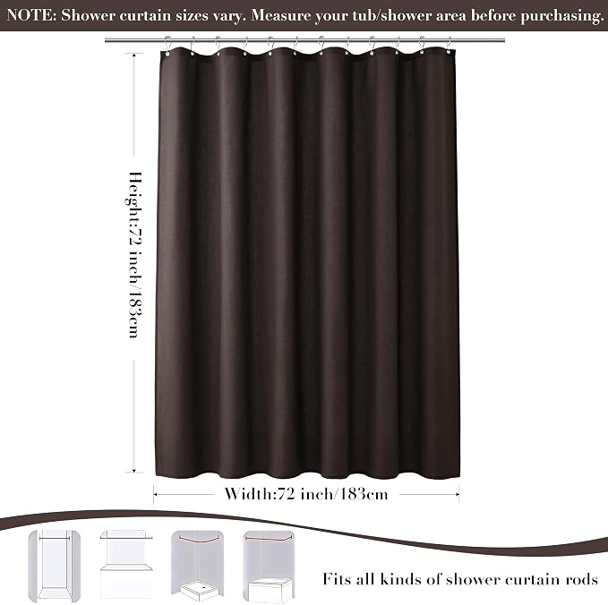 Linen Shower Curtain for Bathroom 72x72 1 Panel Chocolate Brown | Weighted Fabric Shower Curtains with Hooks, Water Repellent, Neutral Rustic Boho Farmhouse, Simple Luxury Bath Curtain Decor