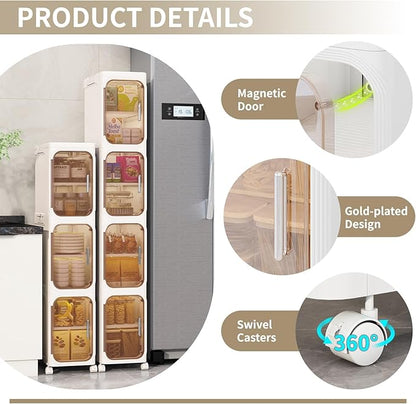 2 Tier Slim Bathroom Storage Cabinet, Foldable and Movable, Beige | Tools Free, ABS and PET, Magnetic Clear Door, Adjustable Shelves, Lockable Wheels, Water Resistant, For Narrow Space