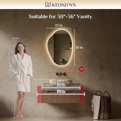 Keonjinn 22 x 30 Inch Asymmetrical Backlit Bathroom Mirror with Lights, LED Irregular Mirror with HD Tempered Glass, UL-Listed LED Driver, 3 Color Lights, Dimmable, Memory Function, Safe Defogging