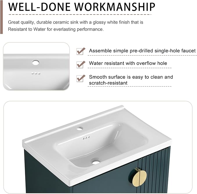 SSLine 28" Wall-Mount Bathroom Vanity Modern Floating Bathroom Vanity Set with Ceramic Sink Basin & Storage Cabinet 28-Inch Luxury Green Small Bathroom Vanities with Round Metal Handles
