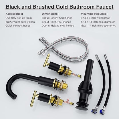 TRUSTMI Brass Bathroom Faucet 2 Handle 8 Inch Widespread Vanity Sink Mixer Faucet with Overflow Pop Up Drain Assembly, Swivel Spout, Matte Black and Brushed Gold