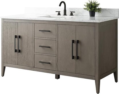 60 Inch Bathroom Vanity with Sink & Ceramic Top, Single Vanity Cabinet with Basin, Soft-Closing Doors & Matte Black Hardware, Driftwood Gray