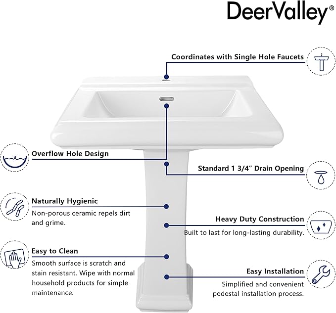 DeerValley Apex 26x20 Inch White Pedestal Sink, Ceramic Pedestal Bathroom Sink with Single Faucet Hole and Overflow, DV-1P52101