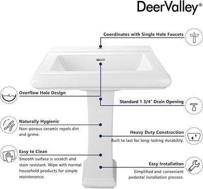 DeerValley Apex 26x20 Inch White Pedestal Sink, Ceramic Pedestal Bathroom Sink with Single Faucet Hole and Overflow, DV-1P52101
