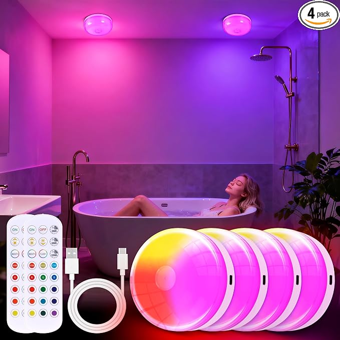 4-Pack Waterproof Shower Light No Wiring, Rechargeable Shower Lamp, White | 15 RGBW Color Mood Lighting with Remote Dimmable&Timer, LED Wireless Magnetic Ceiling/Wall Light for Bathroom Bathtub Closet