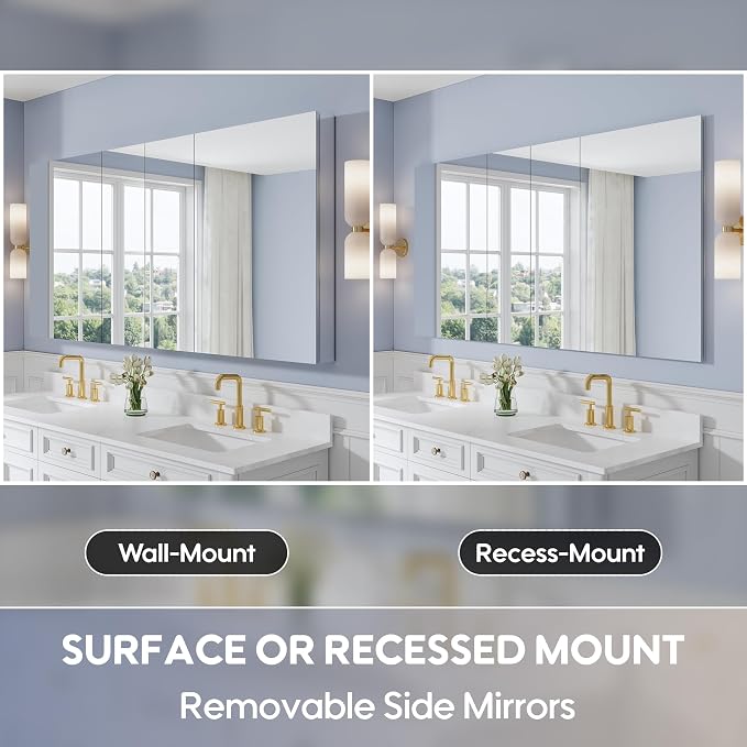 72" x 36" Bathroom Medicine Cabinet with Mirror, Anodized Chrome Aluminum Frame, Surface Mount or Recessed Medicine Cabinet with Mirror, Bathroom Mirror with Storage, Four Doors