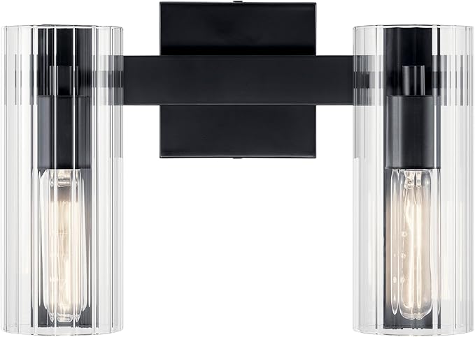 Kichler Jemsa 2 Light Vanity, Modern Light with Clear Fluted Glass in Black for Bathroom or Powder Room (9.75" x 13.75"), 55167BK