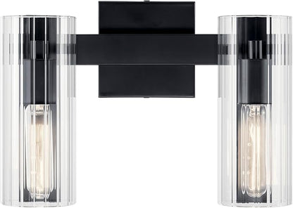 Kichler Jemsa 2 Light Vanity, Modern Light with Clear Fluted Glass in Black for Bathroom or Powder Room (9.75" x 13.75"), 55167BK