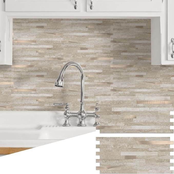 Yipscazo 2 Sheets PVC Wall Tiles Stick on Tiles for Backsplash Kitchen, Bathroom, Laundry Room, Camper, Fireplace (6'' X 12'', Rock)