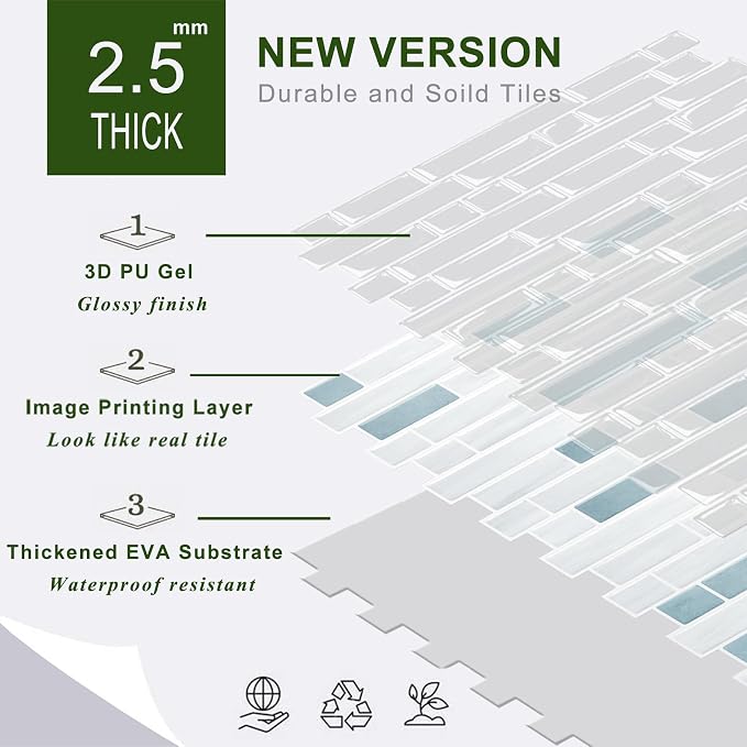 STICKGOO Thicker Peel and Stick Backsplash Tile for Kitchen and Bathroom | 10 Sheets of 12”×12” - 3D Vinyl Self Adhesive Wall Tiles Stick on Backsplash for Kitchen & Bathroom(Blue,White)