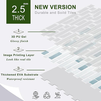 STICKGOO Thicker Peel and Stick Backsplash Tile for Kitchen and Bathroom | 10 Sheets of 12”×12” - 3D Vinyl Self Adhesive Wall Tiles Stick on Backsplash for Kitchen & Bathroom(Blue,White)