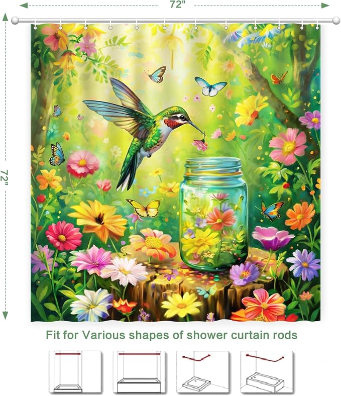 Floral Hummingbird Shower Curtain for Bathroom with Hooks Green 72x72 | Flowers Bird Wish Bottle Shower Curtain Polyester Waterproof Machine Washable Farmhouse Home Decor Bath Curtain