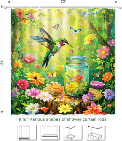 Floral Hummingbird Shower Curtain for Bathroom with Hooks Green 72x72 | Flowers Bird Wish Bottle Shower Curtain Polyester Waterproof Machine Washable Farmhouse Home Decor Bath Curtain