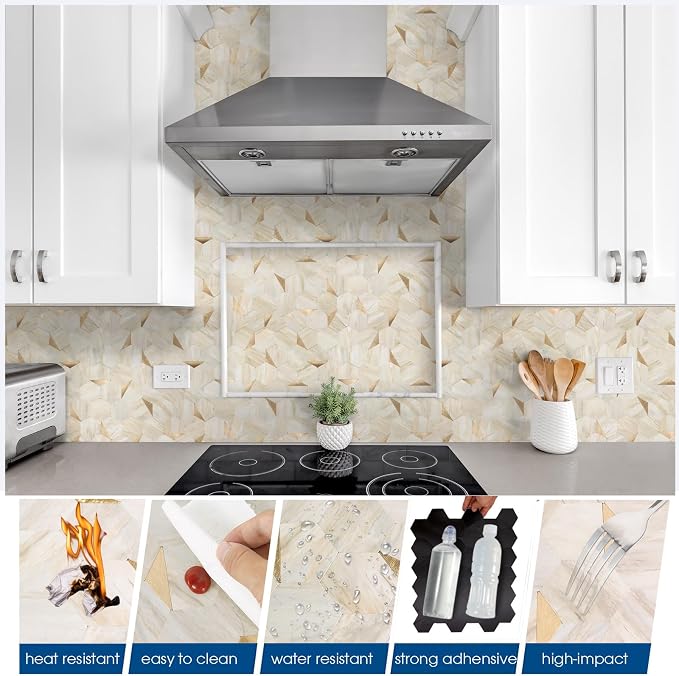 20 Sheets Hexagon Peel and Stick Backsplash for Kitchen Wall, Heat Resistant Stick on Backsplash PVC Smart Tiles, 12'' Beige Marble Waterproof Peel and Stick Wall Tiles for Bathroom