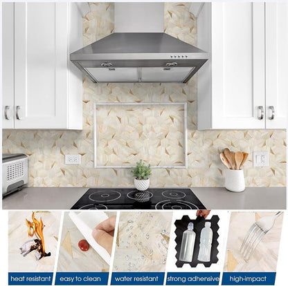 20 Sheets Hexagon Peel and Stick Backsplash for Kitchen Wall, Heat Resistant Stick on Backsplash PVC Smart Tiles, 12'' Beige Marble Waterproof Peel and Stick Wall Tiles for Bathroom