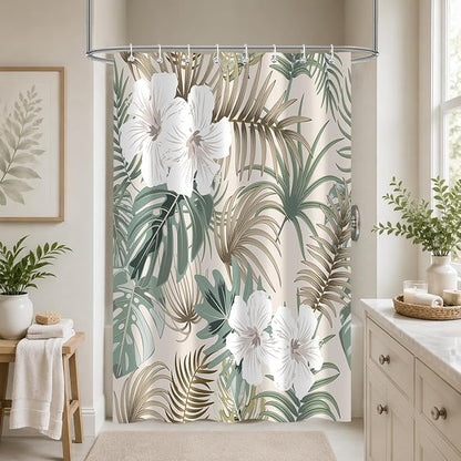 Tropical Shower Curtain for Bathroom, Green Palm Tree Flower Plant Boho Leaf Banana Monstera Sage Beige Shower Curtains Set, Fabric Bathroom Accessories with Hooks 48x72 Inch