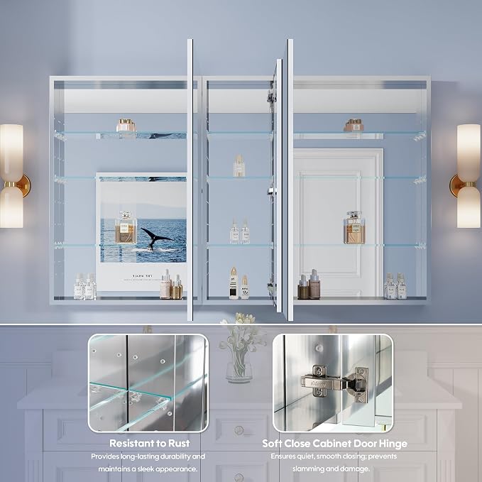 WELLFOR 60" x 36" Bathroom Medicine Cabinet with Mirror, Anodized Chrome Aluminum Frame, Surface Mount or Recessed Medicine Cabinet with Mirror, Bathroom Mirror with Storage, Three Doors