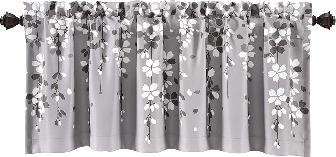 Lush Decor Weeping Flower Light Filtering Valance, 52" W x 18" L + 2" Header, Gray - Floral Curtains - Valance Curtains - Bathroom & Kitchen Valances for Windows - Cottage & Farmhouse Home Decor
