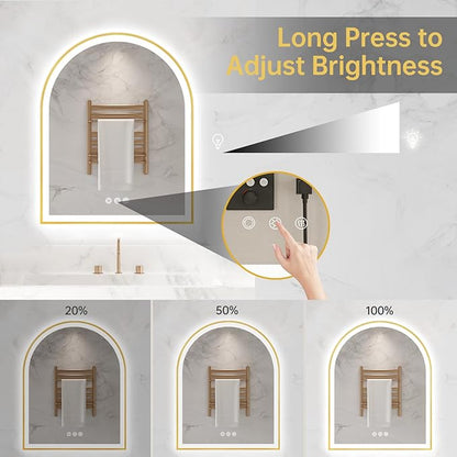Arched LED Mirror for Bathroom 24"x30", Brushed Gold Lighted Bathroom Mirror with Lights, Fogless, Dimmable, Shatterproof, Touch Sensor, 3 Color Changing