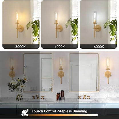 Shenmoyl Battery Operated Wall Sconces Set of 2, Beech Color Rechargeable Wall Lighting Fixtures, Dimmable Wall Lights with Remote & Clear Glass Shade for Living Room, Bathroom,Bedroom