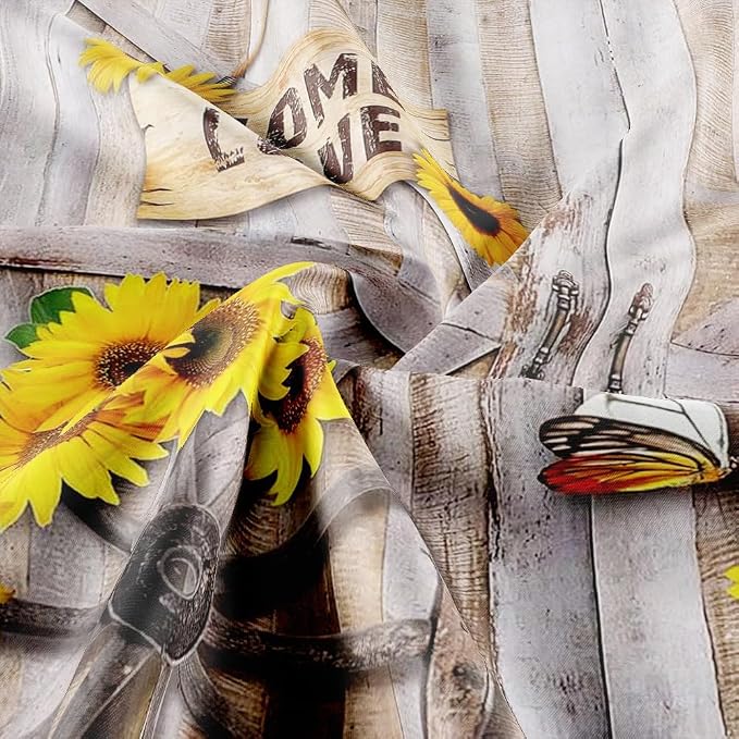 Rustic Spring Summer Sunflowers Butterfly Shower Curtain for Stall Cabin, Wooden Board Western Barn Door rv Bath Curtain, Fabric Vintage Daisy Floral Botanical Decor Curtain with Hooks 47X64 IN