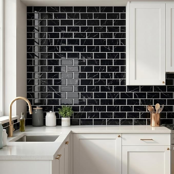 Arttown Peel and Stick 3D Wall Backsplash, 10-Sheet, 12" × 12" Black | Subway Tile Self Adhesive Thicker Design Wall Tiles Panel Wallpaper for Kitchen Bathroom Balcony Rental Housing
