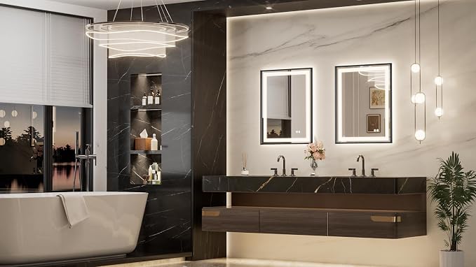 Keonjinn 24x30 Inch Black LED Bathroom Mirror with Lights, Beveled Edge | Frontlit & Backlit, Lighted Bathroom Mirror, HD Tempered Glass, 3 Color Temperatures, Anti-fog, Stepless Dimmable