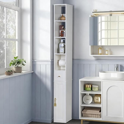VECELO Narrow Bathroom Storage Cabinet, 67" Tall Cabinet Organizer with Toilet Paper Holder, Anti-Tip Device, 3 Adjustable Shelves, Drawer & Magnetic Door for Small Spaces, White