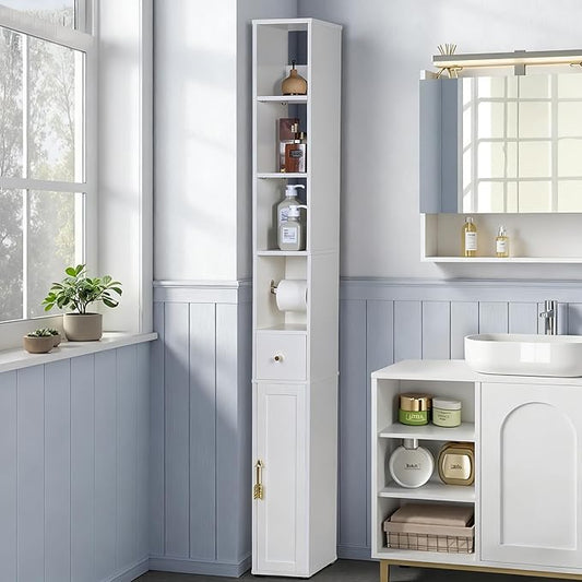 VECELO Narrow Bathroom Storage Cabinet, 67" Tall Cabinet Organizer with Toilet Paper Holder, Anti-Tip Device, 3 Adjustable Shelves, Drawer & Magnetic Door for Small Spaces, White