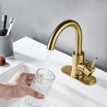 Bathroom Sink Faucet Single Hole Brushed Gold, Modern Single Handle Bathroom Faucet Commercial Stainless Steel Bar Faucet (Brushed Gold, with Drain)