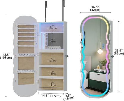 HNEBC LED Mirror Jewelry Cabinet with RGB Lights,42.5" Wall Mounted Jewelry Organizer with Full-Length Mirror,Over The Door Hanging Jewelry Armoire Storage Cabinet,Lockable,Wide Wavy Mirror